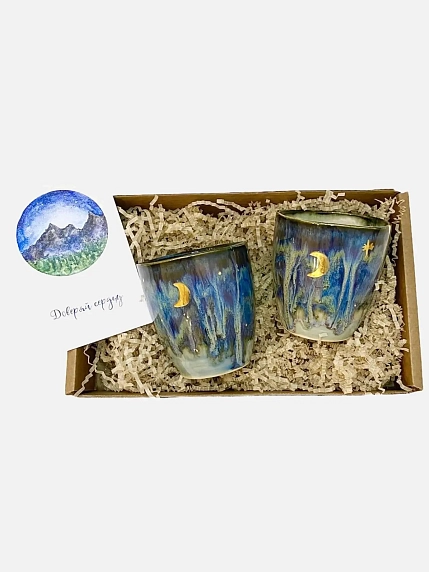 Подарочный набор с вытянутыми стаканами ручной работы и открыткой, фото 1.