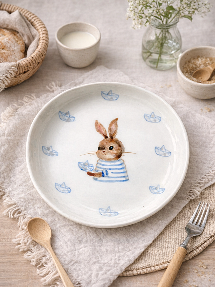 Тарелка ручной работы с бортиком Зайка с бумажными корабликами, белая, фарфор, 16 см, фото 2.