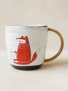 Кружка ручной работы Ким керамика с росписью Лис с вязанием, керамика, 450 мл