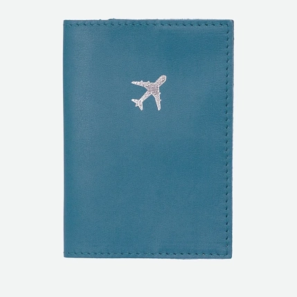 Обложка на паспорта с самолётом Kokosina bags, натуральная кожа, васильковая, фото 1.