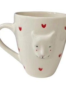 Кружка ручной работы Мария Гордеева с фигуркой «Кот», керамика, белый в красное сердечко, 350 мл