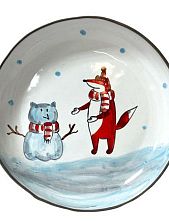Тарелка ручной работы Ким керамика с бортиком Лис со снеговиком, белая, 13 см