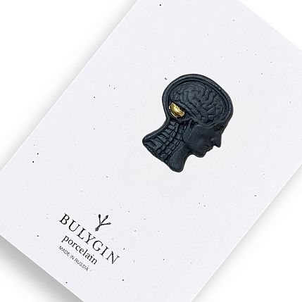 Брошь ручной работы Bulygin «Мозг», фарфор, чёрно-золотистая, фото 1.