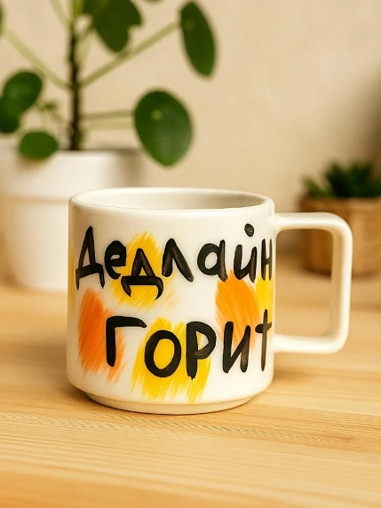 Кружка ручной работы РУКИ В ГЛИНЕ «Дедлайн горит», жёлтая, керамика, 350 мл, фото 3.