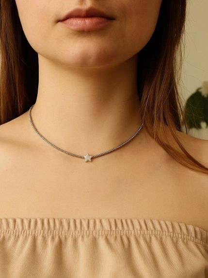 Чокер ручной работы из бисера со звёздочкой, серебристый, фото 4.