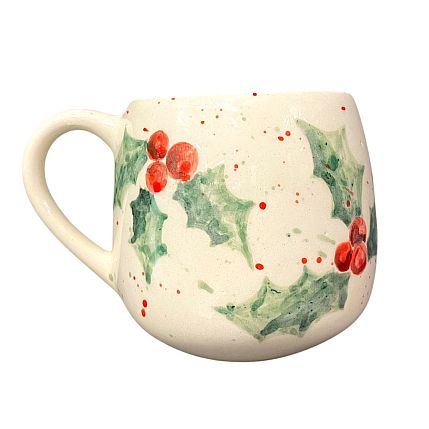 Кружка ручной работы круглая «Остролист», белая, керамика, 250 мл, фото 1.