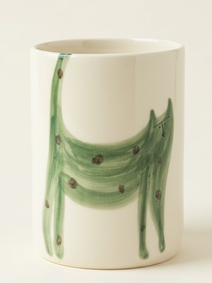 Стакан ручной работы Донышко-горлышко «Кот Краш Зеленый», белый, керамика, 300 мл, фото 1.