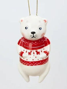 Ёлочная игрушка Ким керамика «Медведь в новогоднем свитере», 12 см, фарфор