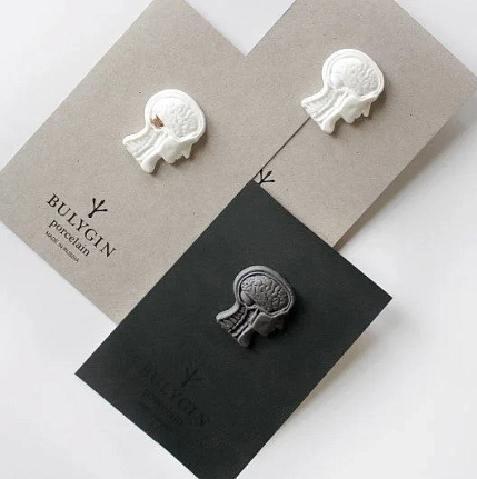 Брошь ручной работы Фарфор Булыгина «Мозг», чёрно-золотистая, фото 4.