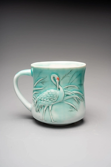 Кружка ручной работы Керамика Александры Пылиной «Журавли», бирюзовая, фарфор, 300 мл, фото 3.