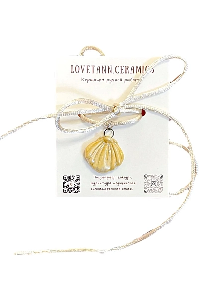 Чокер ручной работы Ловетанн керамика «Ракушка №2» на золотистой ленточке, полуфарфор, фото 2.