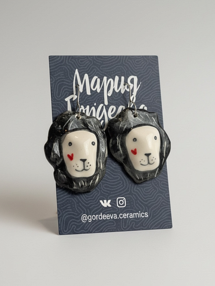 Серьги «Львы», керамика, чёрные, фото 1.