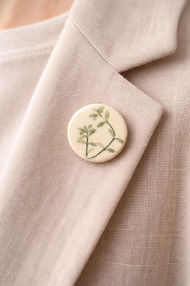 Брошь ручной работы Elizabeth Madar Оттиск трав с зеленью, керамика, фото 3.