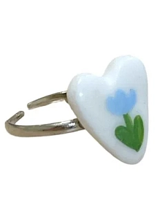 Кольцо Радость Рядом «Сердце с голубым цветком», полимерная глина, незамкнутое, белое