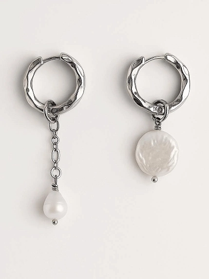 Серьги-конго с подвесками, родированная латунь, перламутр, фото 1.