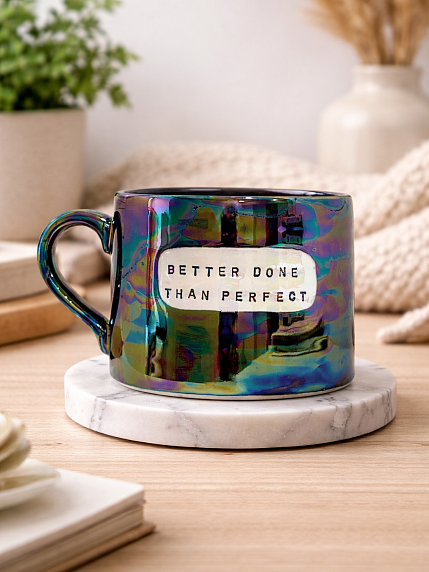 Кружка ручной работы Тата вытворяет/NF ceramics «Better done than perfect», перламутровая, керамика, 500 мл, фото 4.