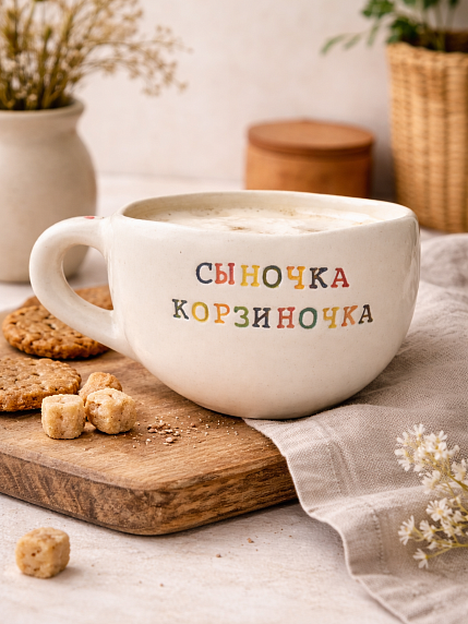 Кружка ручной работы с надписью «Сыночка корзиночка», керамика, 350 мл, фото 3.