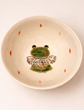 Тарелка глубокая ручной работы Ким керамика Лягушка в жабо с ромбиками, белая, фарфор, 12 см