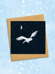 Квадратная зимняя сканди открытка «Летящая сова»