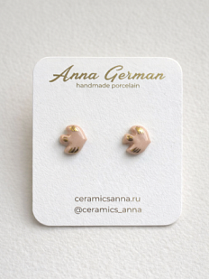 Серёжки-гвоздики «Птицы», фарфор, розово-золотистые