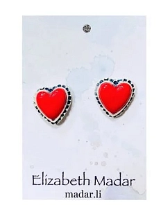 Серёжки-гвоздики Elizabeth Madar Сердца с орнаментом, красные, керамика