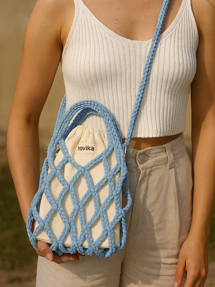 Авоська вязаная ручной работы, нежно-голубая, фото 3.