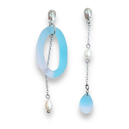 Асимметричные серьги Лампджой, матовое стекло, голубо-розовые, фото 2.