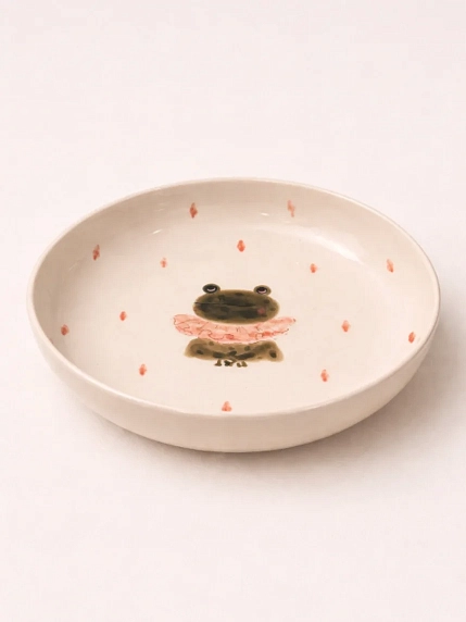 Тарелка ручной работы Ким керамика с бортиком Лягушка в жабо с ромбиками, белая, 17 см, фото 2.