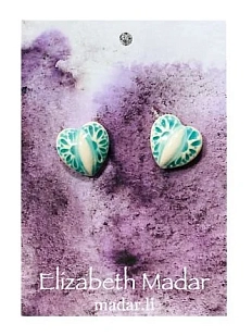 Серёжки-гвоздики Elizabeth Madar Сердца с узорами, мятные, керамика