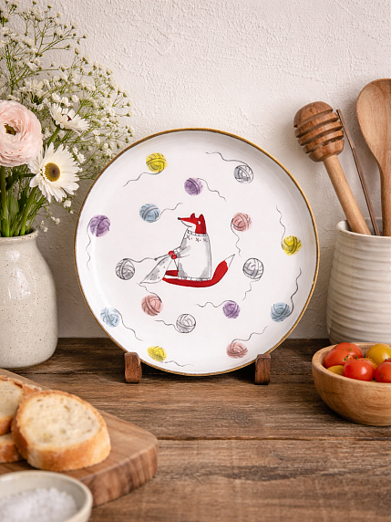 Тарелка ручной работы с бортиком Лис и клубочки пряжи, белая, 17 см, фото 2.