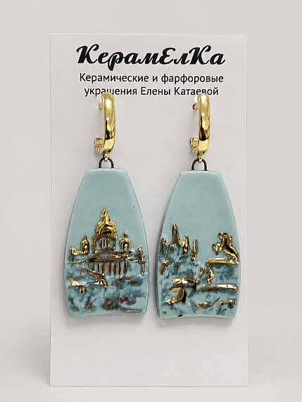 Серьги КерамЕлКа «Медный всадник», фарфор, мятно-золотистые, фото 1.