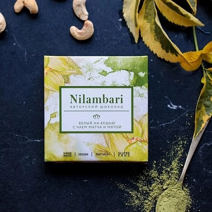 Белый шоколад Nilambari на кешью с чаем матча и мятой, фото 3.