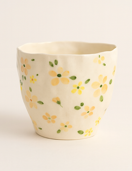 Стакан ручной работы «Оранжевые и желтые цветочки», белый, керамика, 450 мл, фото 1.