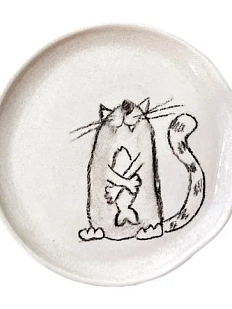 Тарелка ручной работы «Котик с рыбкой», керамика, 11 см