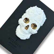 Брошь ручной работы Bulygin «Череп» большая, фарфор, чёрно-золотистая