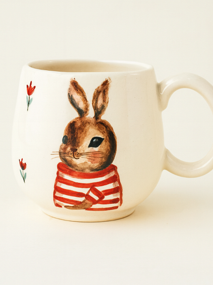 Кружка ручной работы с росписью Зайка в красной тельняшке с цветочками, фарфор, 350 мл, фото 1.