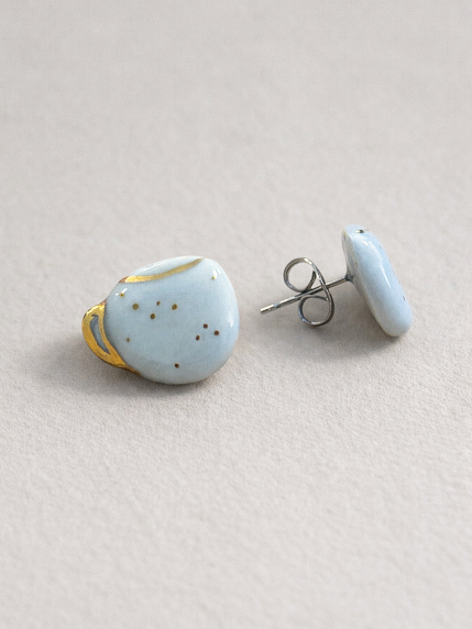 Серёжки-гвоздики «Кружечки в точку», фарфор, голубые, фото 2.