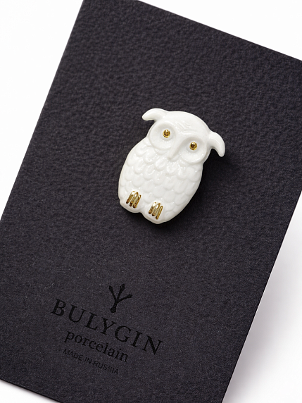 Брошь ручной работы Bulygin «Сова», фарфор, бело-золотистая, фото 1.
