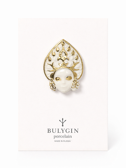 Брошь ручной работы Bulygin «Кокошник», фарфор, бело-золотистая, фото 1.