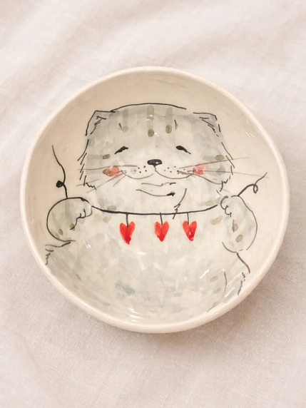Пиала ручной работы НАДО ЖЕ с росписью «Кот с гирляндой», белая, керамика, 13 см, фото 1.
