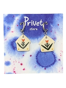 Серьги-конго Звер ручной работы «Домик с цветком», белый, керамика