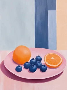 Постер интерьерный DARI DARI «Апельсины с голубикой на розовой тарелке», А4