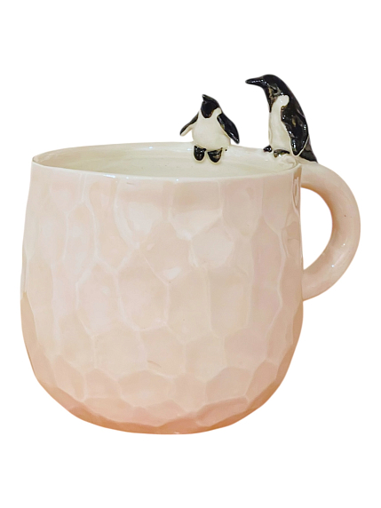 Кружка ручной работы с фигурками «Пингвины», нежно-розовая, керамика, 400 мл, фото 1.