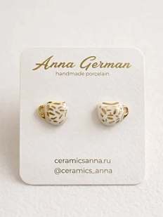 Серёжки-гвоздики Анна Герман «Кружечки в полоску», фарфор, бело-золотистые