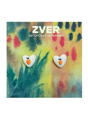 Серьги-гвоздики Звер ручной работы «Сердечко с яблочком», белый, керамика, фото 1.