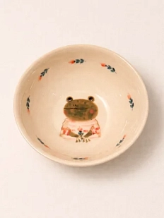 Тарелка глубокая ручной работы Ким керамика Лягушка с розовыми цветами, белая, фарфор, 12 см