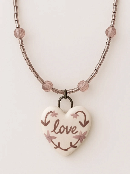 Чокер ручной работы Аннушка в виде сердечка «Love / Hate», двусторонний, керамика, бисер, фото 2.