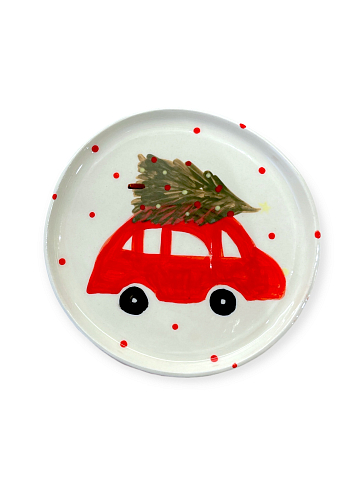 Тарелка ручной работы на Новый год «Машинка с ёлкой», керамика, 18 см, фото 1.