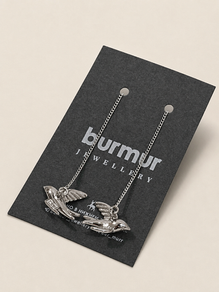 Серьги-протяжки Бур.Мур «Ласточки», родированная латунь, фото 3.