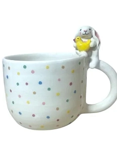 Кружка ручной работы Мама Черепаха расписная с фигуркой Зайца с уточкой, белая, керамика, 400 мл